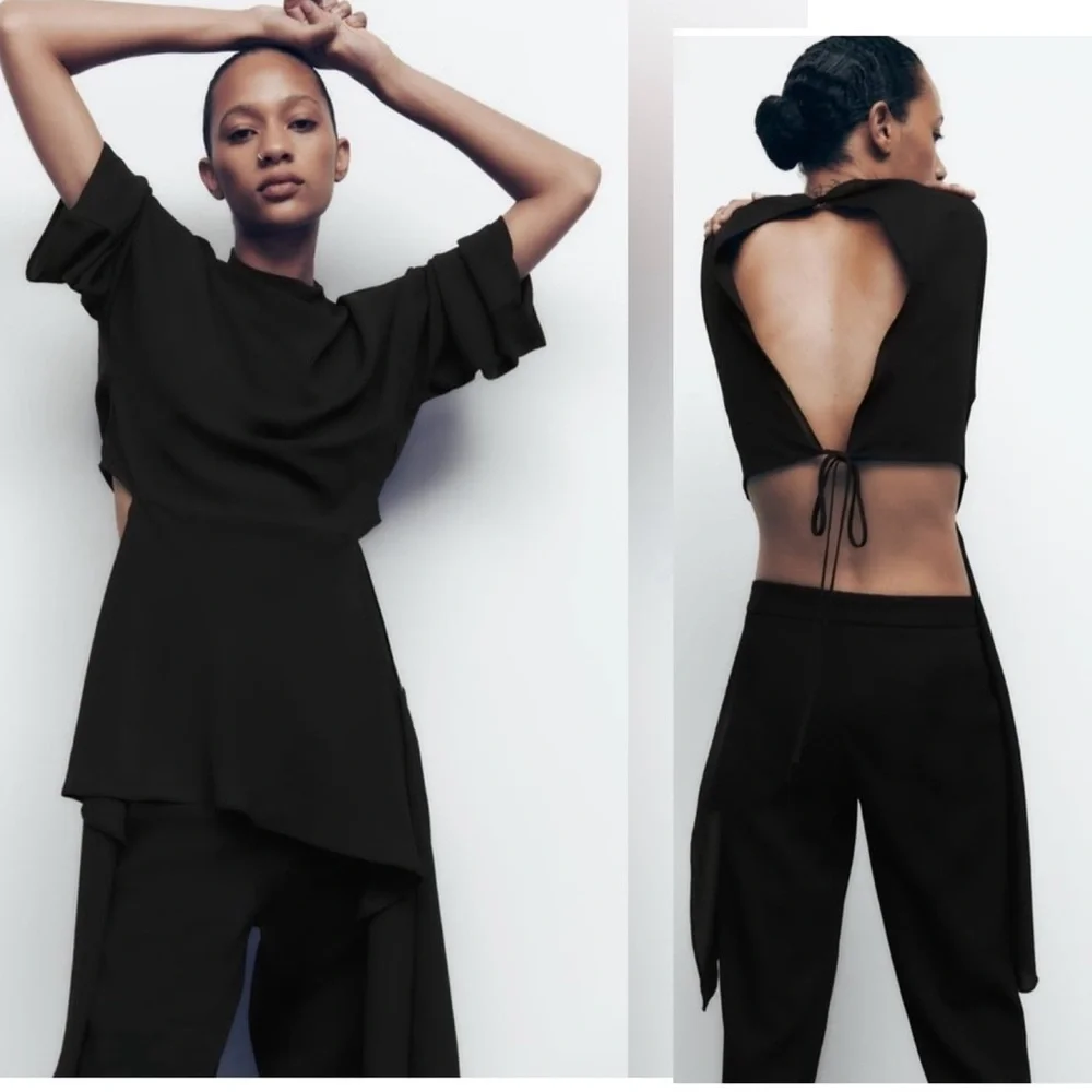 Zara Black Asymmetric Flowing Cut Out Open Back Blouse Top Tie Back NWOT - Picture 2 of 15